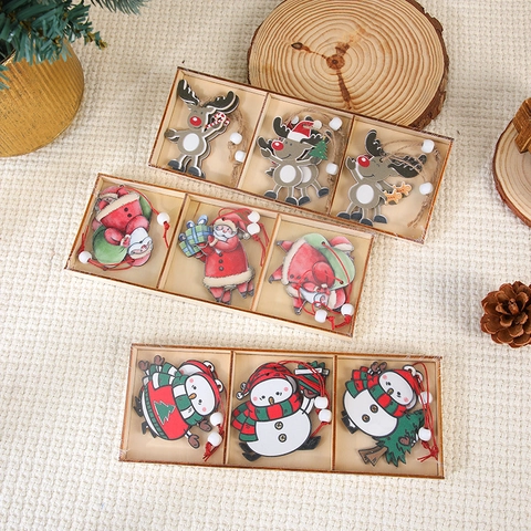 Wooden Christmas Hanging Ornaments Set Snowman Reindeer Santa Claus Decorative Wood Pendants With Ropes And Beads In Box