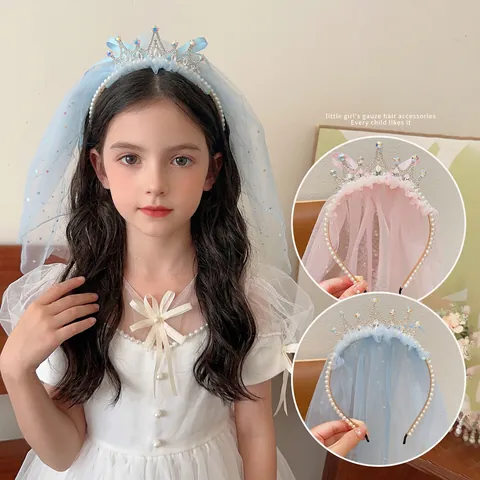 Kinderen Meisjes Prinses Kroon Haarband Met Lange Sluier Glinsterende Strik Feest Haaraccessoires