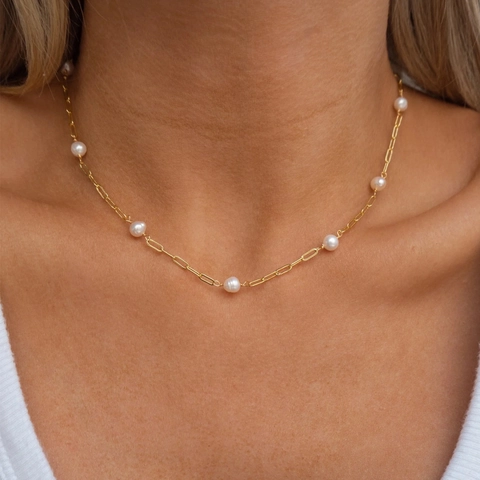 Layered Freshwater Pearl Necklace Stainless Steel 18K Gold Plated Paperclip Snake Bone Chain Elegant Jewelry For Women