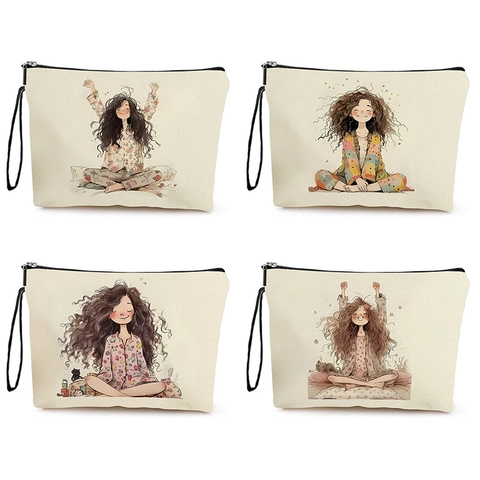 Cosmetic Bag Linen Makeup Pouch With Wristlet Strap Large Capacity Zipper Artistic Girl Print Travel Toiletries Organizer