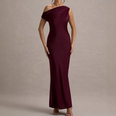 Abito Maxi Monospalla Da Donna Elegante Senza Maniche Schiena Scoperta Vestibilità Aderente Festa Formale Rosso Vino