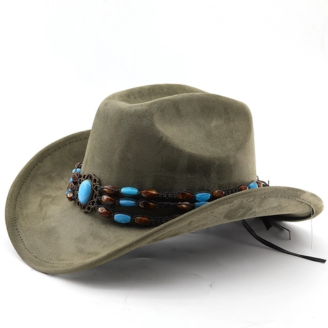 Western Cowboyhoed Retro Suède Vilt Turquoise Kralenband Boheems Etnisch Brede Rand Zonnehoed