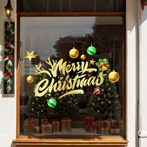 Christmas Window Stickers Static Clings PVC Double Sided Merry Christmas Gold Baubles Star Glass Decor Festive Showcase