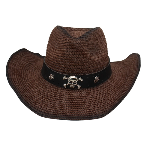 Westerse Cowboy Stropen Hoed Met Metalen Schedel PU Band Brede Rand Ademend Zonbescherming Punk Stijl Mannen Vrouwen