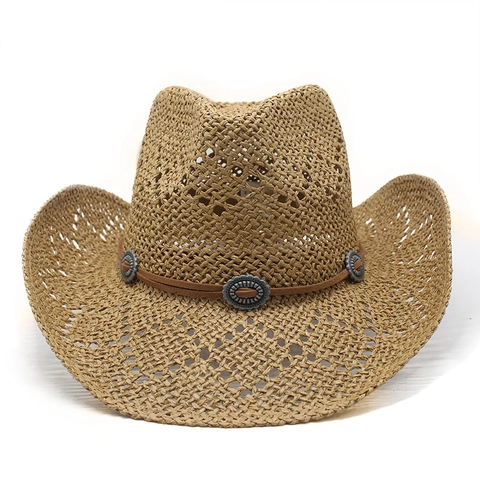 Western Cowboy Strohhut Damen Herren Atmungsaktiv Hohl Papier Geflecht Sommer Strand Sonnenhut Lederband Metallbeschläge