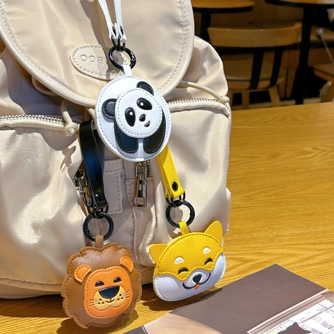 Cartoon Animal Keychain PU Leather Bag Charm Cute Lion Panda Shiba Inu Hanging Ornament For Women Girls Key Ring
