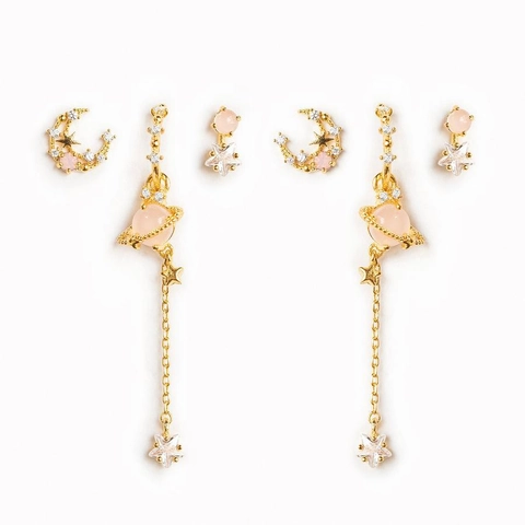 Orecchini A Lobo Stella Luna Pianeta Zircone Rosa Ottone Placcato Oro 18K Con Perno In Argento Sterling 925 Gioielli Celesti Donna