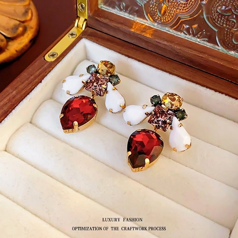 Luxury Vintage Bee Drop Earrings With Red Rhinestone Multi Color Crystal And Silver Earring Post For Women