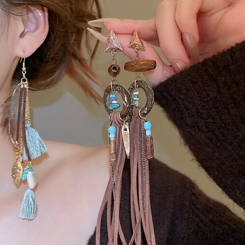Pendientes Largos Bohemios Con Borlas Plumas Cuentas De Madera Conchas Y Postes De Plata Joyería Étnica Vintage Para Mujer