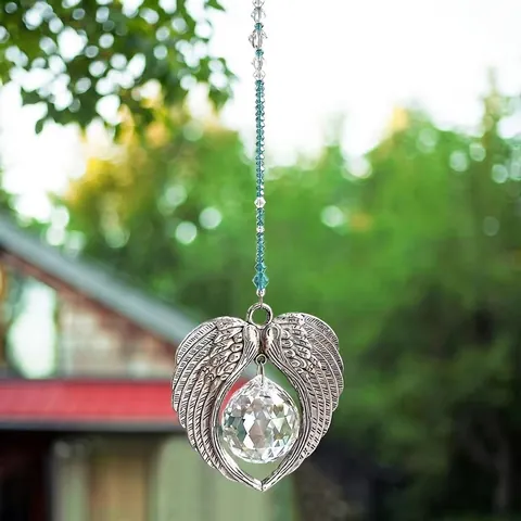 Angel Wings Crystal Suncatcher Hanging Ornament Zinc Alloy Metal Wings Faceted Ball Prism Rainbow Window Home Decor