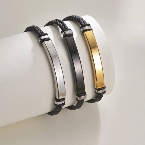 Braided Leather Bracelet With Stainless Steel ID Plate Minimalist Fashion Hand Wrap Jewelry For Men And Women