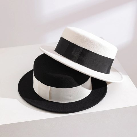 Chapeau Canotier Élégant En Feutre De Laine D'Australie Bord Plat Ruban Style Vintage Pour Femmes