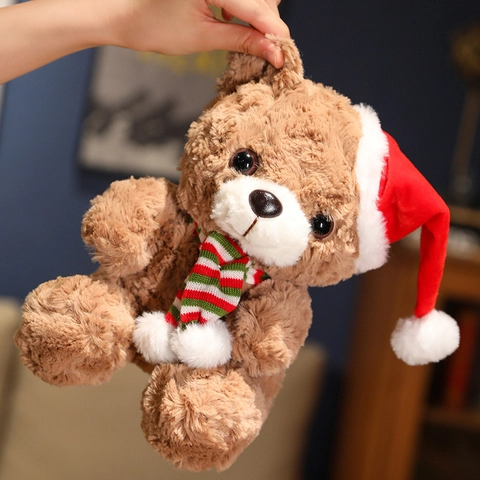 Christmas Teddy Bear Plush Toy With Santa Hat And Striped Scarf Soft Rose Velvet Xmas Holiday Decoration Gift For Kids
