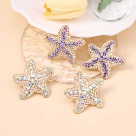 Starfish Stud Earrings Zinc Alloy Rhinestone Faux Artificial Pearl Ocean Beach Style Summer Cute Fashion Jewelry For Women