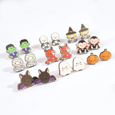Halloween Cartoon Printed Wooden Stud Earrings Pumpkin Ghost Bat Vampire Witch Party Jewelry For Women Girls