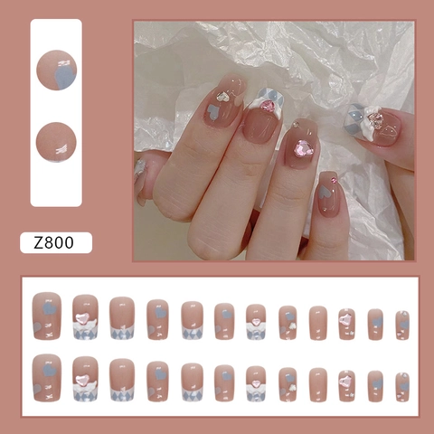 Uñas Postizas Hechas A Mano Corazón Alas De Ángel Diamantes De Imitación Estilo Francés Degradado Rosa Azul Patrón Rejilla