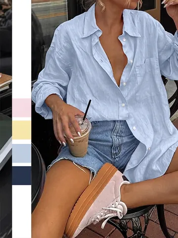 Women 100% Cotton Long Sleeve Shirt Loose Fit Casual Button Down Blouse With Chest Pocket Solid Color Vacation Streetwear