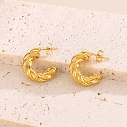C-Shaped Stainless Steel Hoop Earrings Gold Plated Twisted Rope Textured Geometric Jewelry For Women French Luxury Style