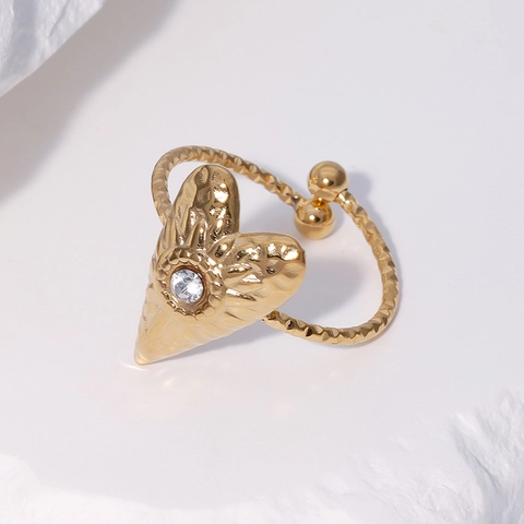 Herz Ring Edelstahl Zirkon Hammerschlag Textur Vintage Offen Verstellbar Fingerschmuck Für Damen