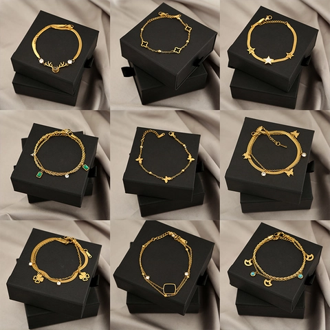 Titanium Steel Gold Bracelet For Women Minimalist Clover Star Antler Pendant Rhinestone Double Layer Fashion Jewelry