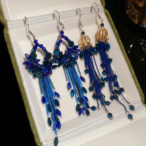 Vintage Long Tassel Earrings Alloy Rhinestone Blue Crystal Flower Drop Dangle For Women Bohemian Luxurious Jewelry
