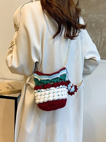 Handmade Crochet Bucket Bag Yarn Knit Cherry Artificial Pearl Strap Contrast Color Crossbody Sweet For Women