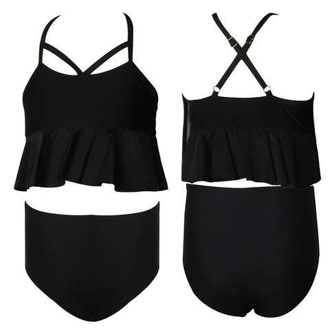 Girls Bikini Swimsuit Nylon Ruffle High Waisted Swimwear Ruched Quick Dry Hollow Out Cross Strap For Kids