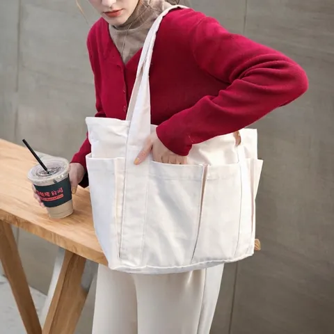Große Kapazität Canvas Tote Tasche Multi Taschen Schultertasche Reißverschluss Lässige Handtasche Für Damen