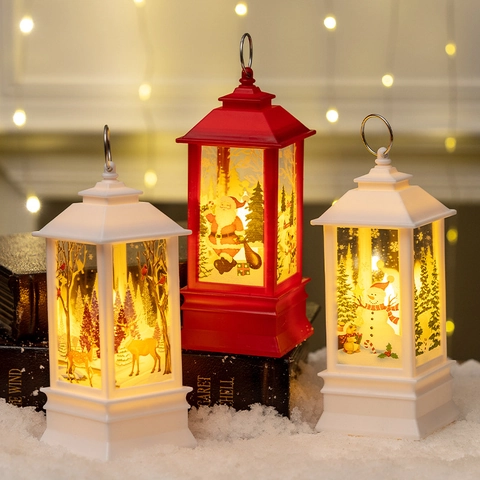 Christmas LED Lantern Decorative Wind Lamp Plastic Warm Light Santa Snowman Reindeer Pattern Holiday Home Decor Gift
