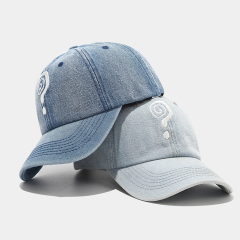 Washed Denim Baseball Cap Question Mark Embroidery Adjustable Vintage Casual Sun Protection Outdoor Hat For Men Women