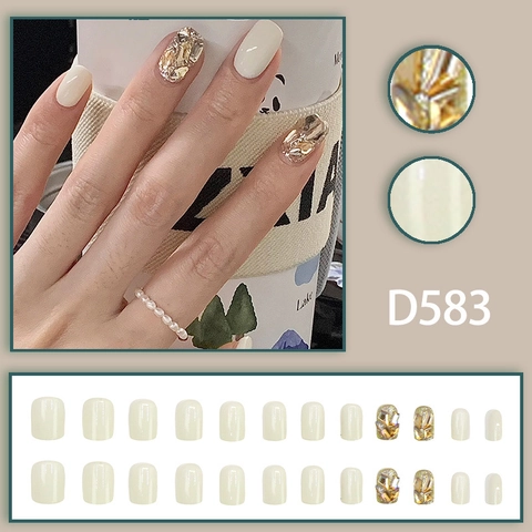Faux Ongles Blanc Lait Champagne Or Paillettes Strass Carré Court Élégant Ongles Artificiels