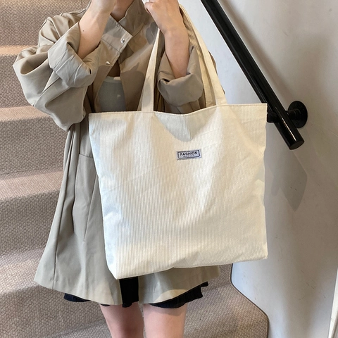 Bolso Tote De Pana Gran Capacidad Retro Simple Color Sólido Bolso De Hombro Mujer Compras Diario Casual