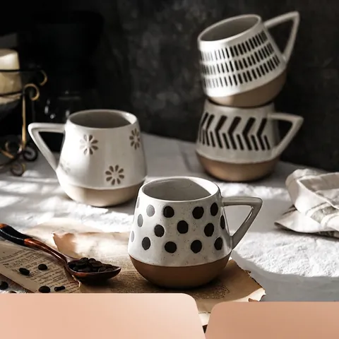 Ceramic Mug Nordic Retro Stoneware Coffee Cup With Triangular Handle Hand Painted Geometric Patterns Two Tone Design