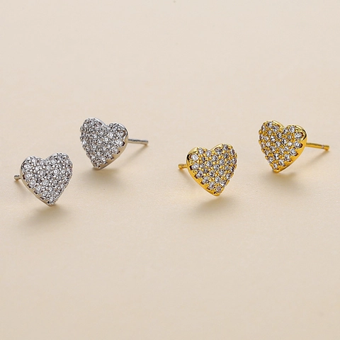 Fashion Copper Heart Stud Earrings For Women Pave Rhinestone Gold Silver Plated Dainty Heart Jewelry Accessories