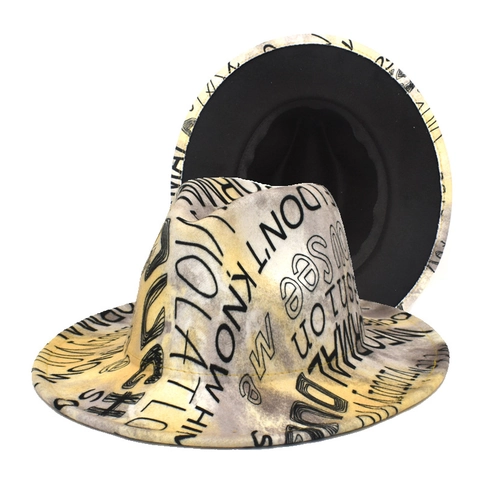 Cappello Fedora A Tesa Larga Feltro Di Lana Tie Dye Stampa Graffiti Streetwear Vintage Per Uomo Donna
