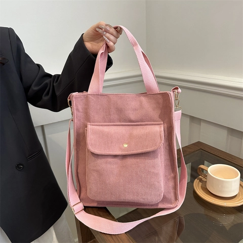 Corduroy Women Shoulder Bag Tote Handbag With Front Flap Pocket Adjustable Strap Zipper Versatile Fashion Retro Style