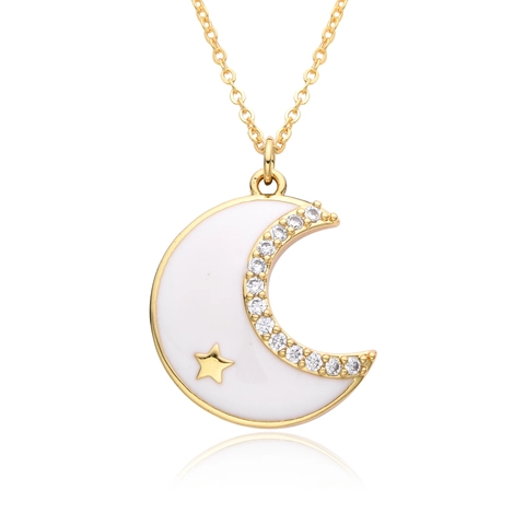 Elegante Collar Colgante Luna Estrella Cobre Diamantes Imitación Micro Incrustado Cadena Chapado Oro Para Mujer Joyería Fiesta