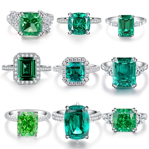 Emerald Green Zircon Ring 925 Sterling Silver Emerald Cut Square Oval Halo Luxury Engagement Jewelry For Women Elegant