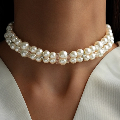 Zweilagige Künstliche Perlenhalskette Legierung Glas Kristall Künstliche Perlen Retro Barock Elegant Choker Schmuck Für Damen