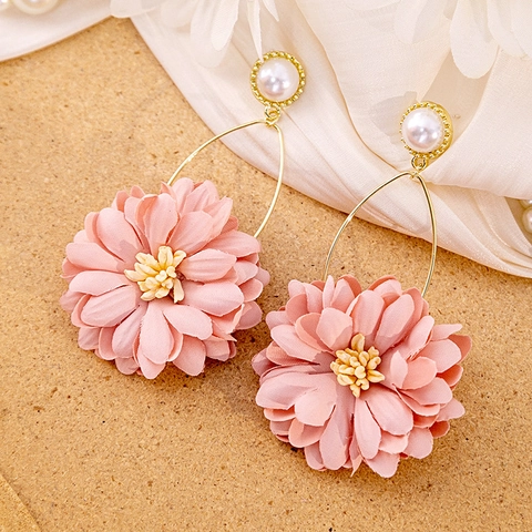 Flower Artificial Pearl Earrings Fabric Lace Mesh Floral Heart Shaped Tassel Sweet Elegant Jewelry For Women