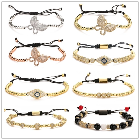 Bohemian Copper Zirconia Butterfly Evil Eye Braided Bracelet Adjustable Hand-Woven Rhinestone Bead Bracelet Jewelry For Women