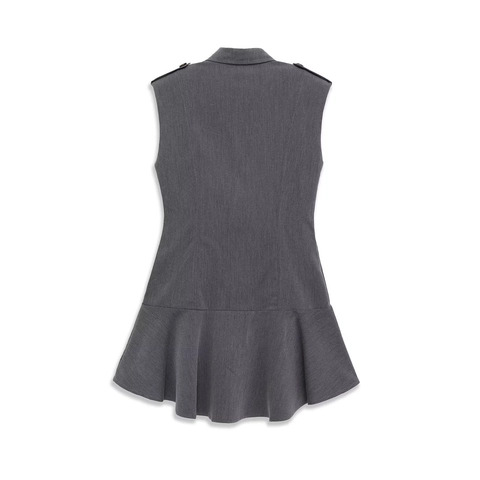 Dames Mouwloze Revers Knoppen Mini Jurk Epauletten Peplum Zoom Slanke Pasvorm Donkergrijs Polyester