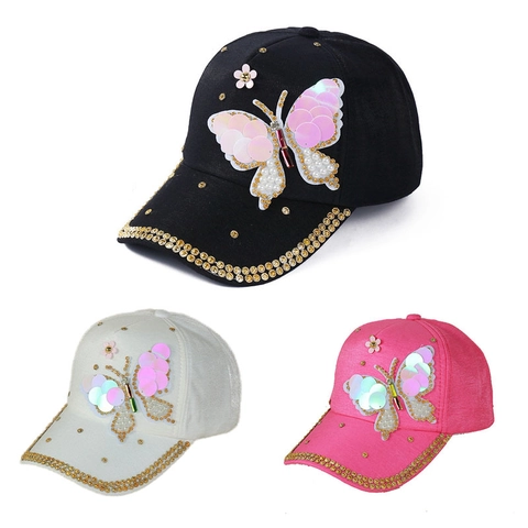 Butterfly Sequin Rhinestone Baseball Cap Polyester Bling Artificial Pearl Adjustable Sunshade Outdoor Fashionable Hat For Women