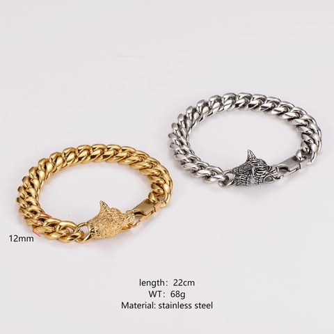 Pulsera De Cadena Cubana Cabeza De Lobo Acero Inoxidable Hip Hop Punk Gótico Joyería Para Hombre Pulido