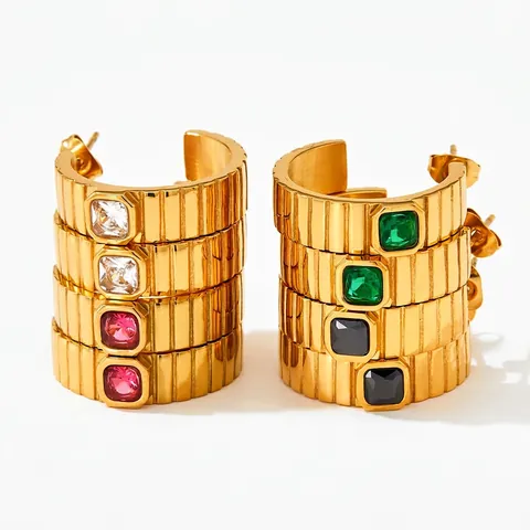 Stainless Steel C Shaped Hoop Earrings With Square Zircon Textured Stripe Retro Geometric For Women