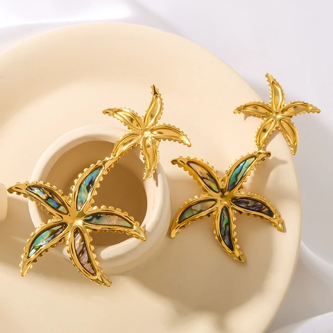 Double Starfish Drop Earrings Stainless Steel 18K Gold Plated With Colorful Abalone Shell Inlay Ocean Style For Women