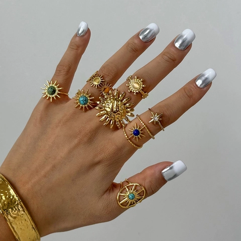 Edelstahl Ring Mit Türkis Und Zirkonia Böhmische Sonne Stern Verstellbar Vergoldet Vintage Finger Schmuck