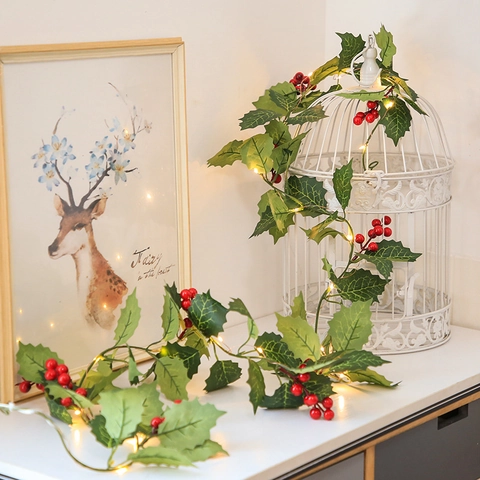 Artificial Christmas Garland Holly Leaves Red Berries Vine With LED Warm White Light Hanging Decor Festive Party Home