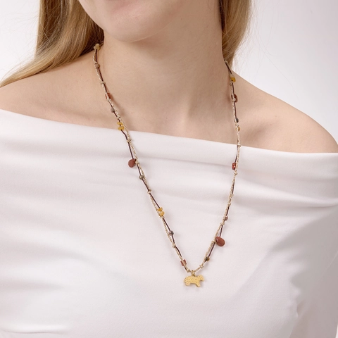 Böhmische Edelstahl Halskette Bunte Steine Gold Pferd Anhänger Handgefertigte Geflochtene Seilkette Vintage Damen Schmuck