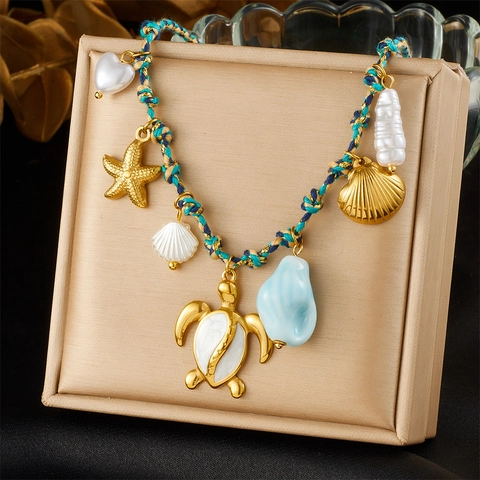 Collar Colgante Tortuga De Mar Estrella De Mar Concha Acero Inoxidable Cuerda Trenzada Vintage Playa Joyas Mujeres